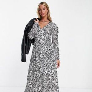 mango black and white floral midi dress